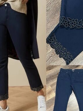 Ted Baker Alecia Lace Hem Denim Jeans In Navy Blue W/ Gold Accent Studs
